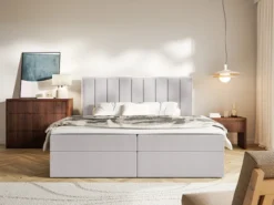 Łóżko kontynentalne 140x200 cm Togents z pojemnikami i topperem szare szenil hydrofobowy