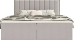 Łóżko kontynentalne 140x200 cm Togents z pojemnikami i topperem szarobeżowe szenil hydrofobowy