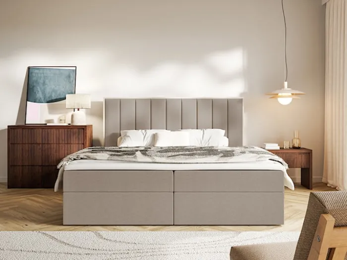 Łóżko kontynentalne 180x200 cm Togents z pojemnikami i topperem brązowe szenil hydrofobowy