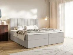 Łóżko kontynentalne 180x200 cm Togents z pojemnikami i topperem szarobeżowe szenil hydrofobowy