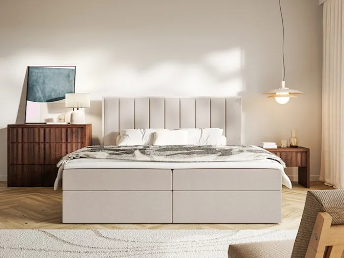 Łóżko kontynentalne 180x200 cm Togents z pojemnikami i topperem beżowe szenil hydrofobowy
