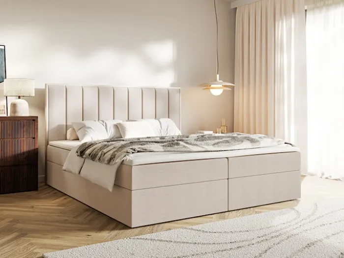 Łóżko kontynentalne 180x200 cm Togents z pojemnikami i topperem beżowe szenil hydrofobowy