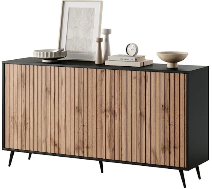 Komoda Bello z lamelowymi frontami 154 cm czarna/dąb wotan