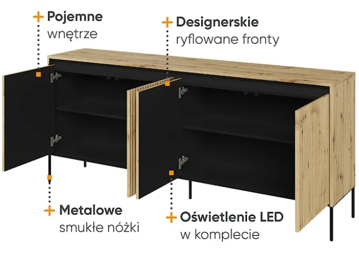 Komoda czterodrzwiowa Trend niska 193 cm z LED Dąb artisan