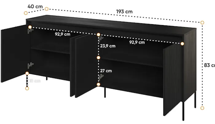 Komoda czterodrzwiowa Trend niska 193 cm z LED Czarna
