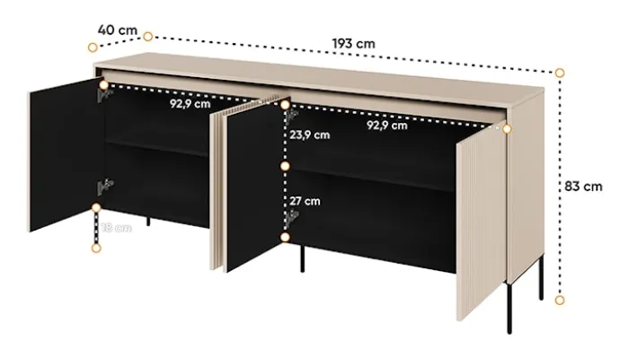 Komoda czterodrzwiowa Trend niska 193 cm z LED Beżowa