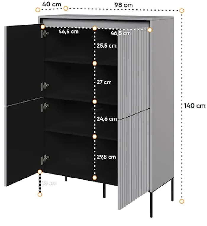 Komoda czterodrzwiowa Trend wysoka 98 cm z LED Szara