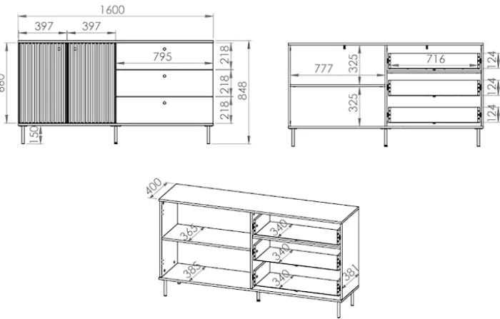 Komoda dwudrzwiowa Caletto z trzema szufladami 160 cm ozdobne lamele beżowa