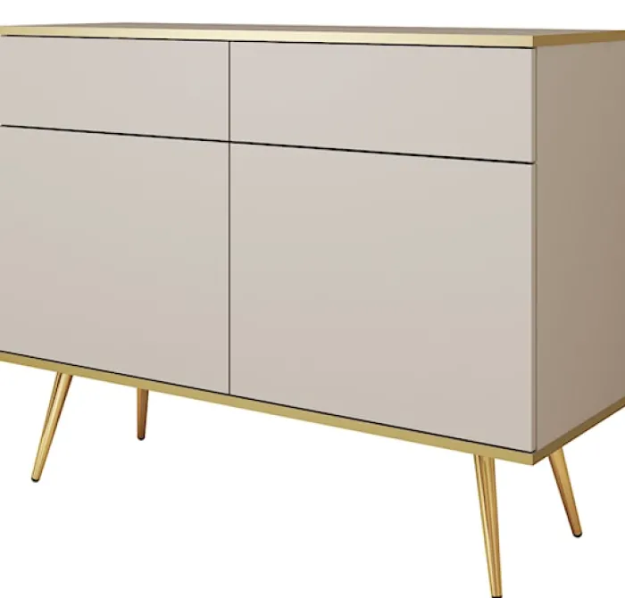 Komoda dwudrzwiowa Glinte z szufladami 107 cm beżowa ze złotymi nogami