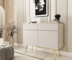 Komoda dwudrzwiowa Glinte z szufladami 107 cm beżowa ze złotymi nogami