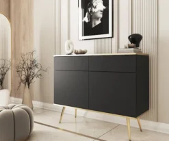 Komoda dwudrzwiowa Glinte z szufladami 107 cm czarna ze złotymi nogami