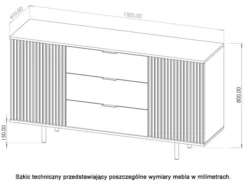 Komoda dwudrzwiowa Klazby 150 cm z trzema szufladami czarny mat lamele