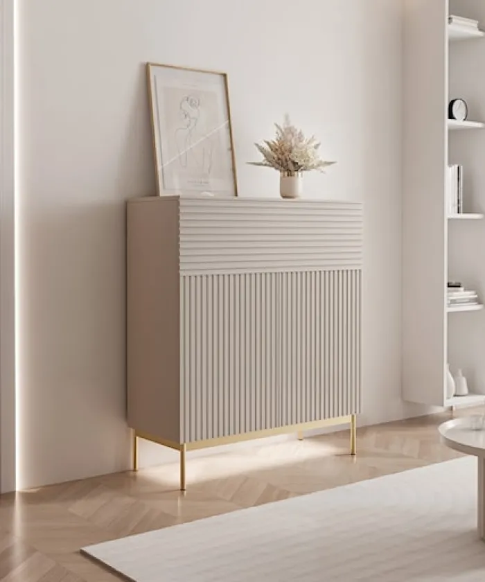 Komoda dwudrzwiowa Linearis z uchylnym schowkiem i oświetleniem LED 92 cm kaszmir na złotych nóżkach