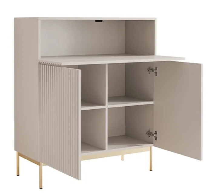 Komoda dwudrzwiowa Linearis z uchylnym schowkiem i oświetleniem LED 92 cm kaszmir na złotych nóżkach