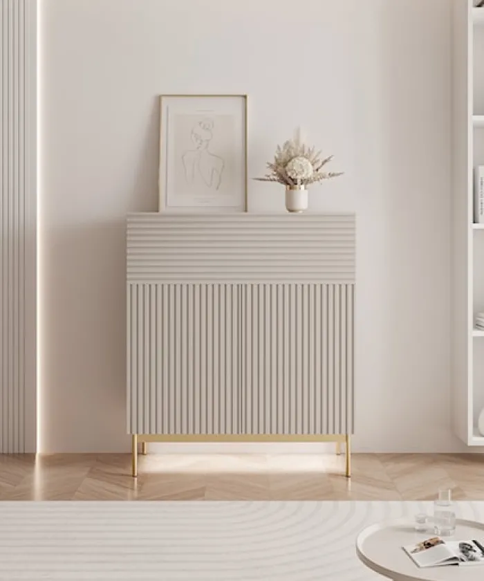Komoda dwudrzwiowa Linearis z uchylnym schowkiem i oświetleniem LED 92 cm kaszmir na złotych nóżkach