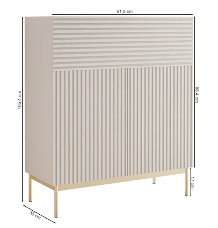 Komoda dwudrzwiowa Linearis z uchylnym schowkiem i oświetleniem LED 92 cm kaszmir na złotych nóżkach