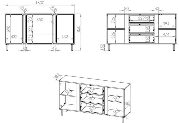 Komoda dwudrzwiowa Loppa z trzema szufladami 160 cm Kaszmir
