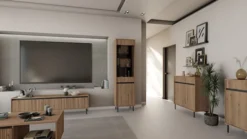 Komoda dwudrzwiowa Osaka z dwiema szufladami i ryflowanymi frontami 100 cm dąb evoke na czarnych nogach