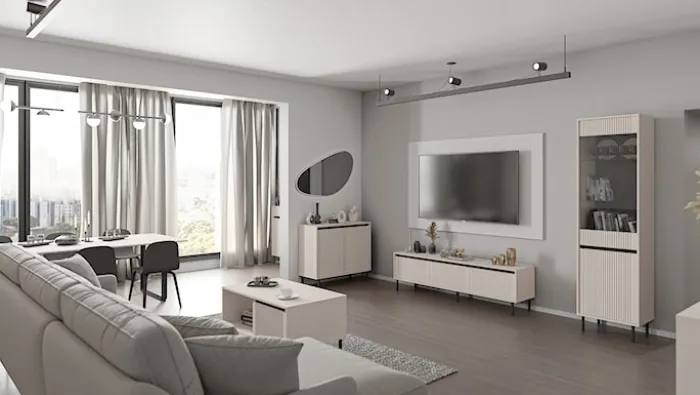 Komoda dwudrzwiowa Osaka z ryflowanymi frontami 100 cm beż piaskowy na czarnych nogach