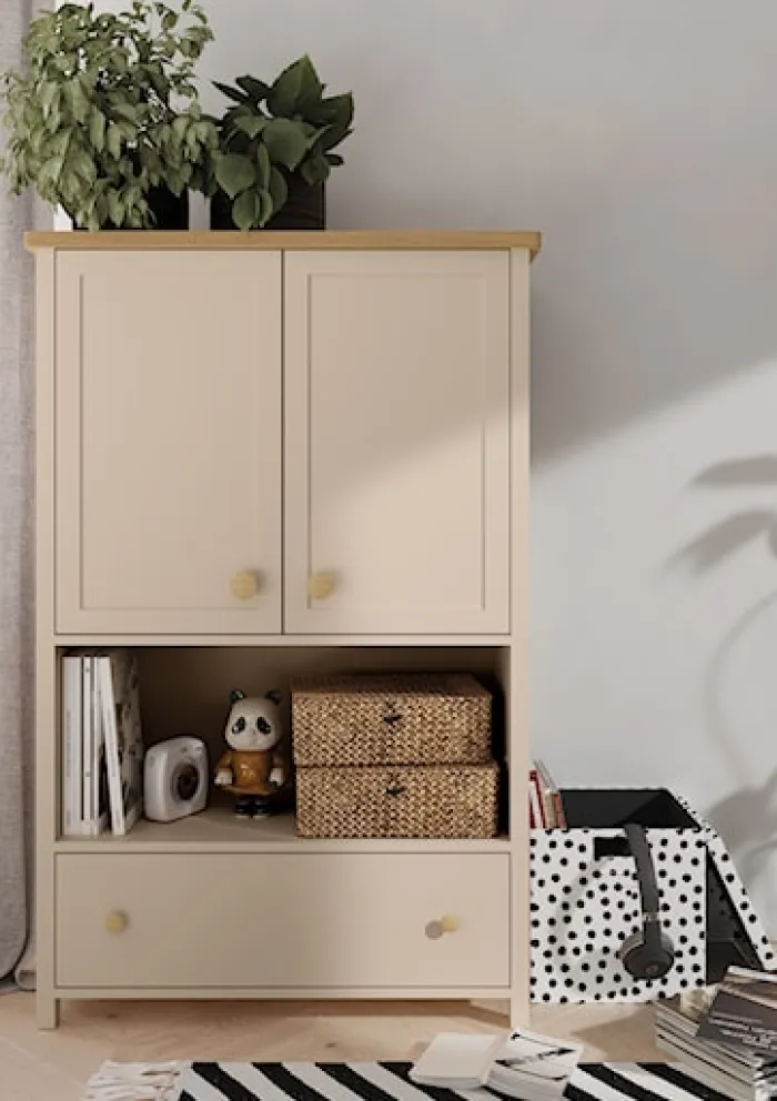 Komoda dwudrzwiowa Story z szufladą i wnęką 85 cm beż piaskowy/dąb vincenza bielona