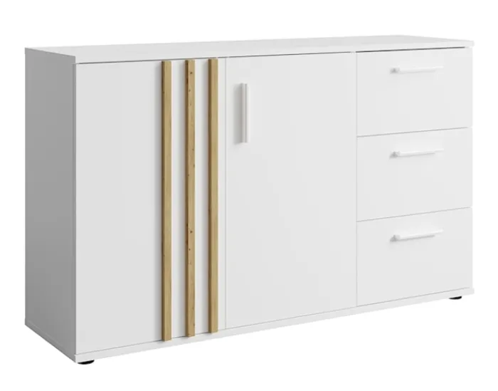 Komoda dwudrzwiowa Tollino z trzema szufladami 120 cm Biała/Dąb artisan lamele