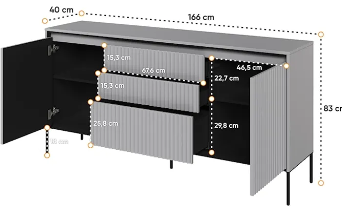 Komoda dwudrzwiowa Trend 166 cm z trzema szufladami z LED Szara