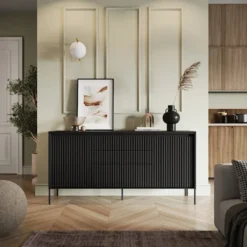 Komoda dwudrzwiowa Trend 166 cm z trzema szufladami z LED Czarna