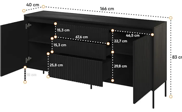 Komoda dwudrzwiowa Trend 166 cm z trzema szufladami z LED Czarna