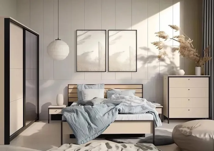 Komoda Enna z czterema szufladami i oświetleniem LED 101 cm beż piaskowy/czarna