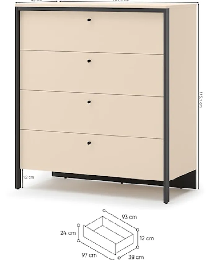 Komoda Enna z czterema szufladami i oświetleniem LED 101 cm beż piaskowy/czarna