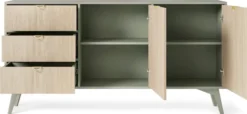 Komoda Favoria dwudrzwiowa z szufladami 158 cm eukaliptus/jodełka scandi ze złotymi uchwytami