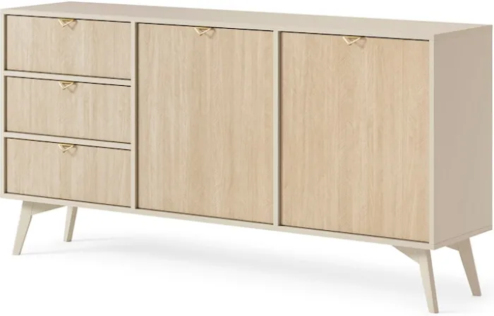 Komoda Favoria dwudrzwiowa z szufladami 158 cm beżowa/jodełka scandi ze złotymi uchwytami