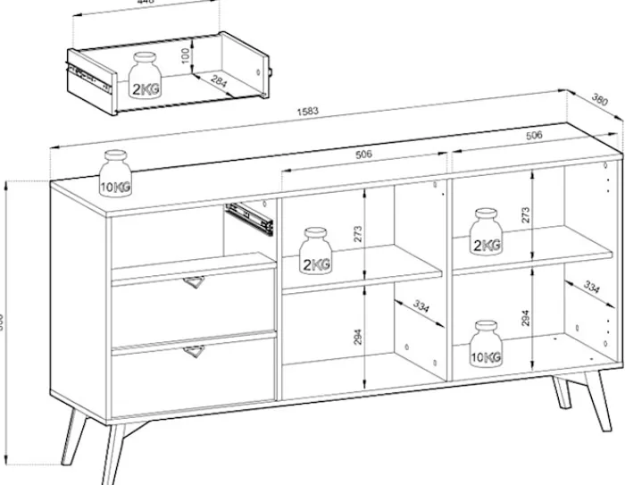 Komoda Favoria dwudrzwiowa z szufladami 158 cm beżowa/jodełka scandi ze złotymi uchwytami