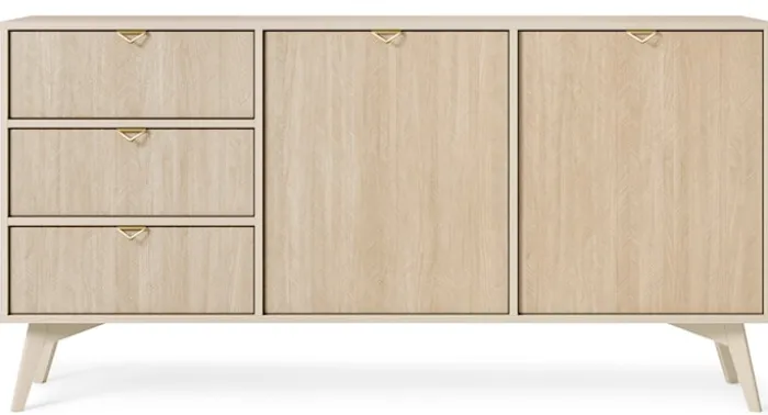 Komoda Favoria dwudrzwiowa z szufladami 158 cm beżowa/jodełka scandi ze złotymi uchwytami