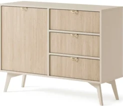 Komoda Favoria jednodrzwiowa z szufladami 106 cm beżowa/jodełka scandi ze złotymi uchwytami