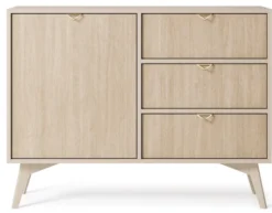 Komoda Favoria jednodrzwiowa z szufladami 106 cm beżowa/jodełka scandi ze złotymi uchwytami