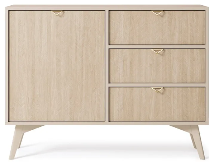 Komoda Favoria jednodrzwiowa z szufladami 106 cm beżowa/jodełka scandi ze złotymi uchwytami