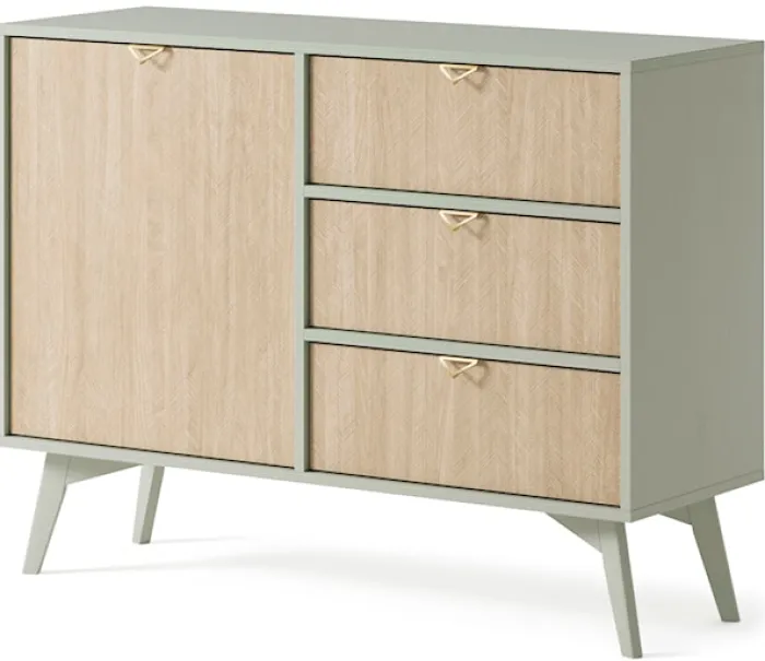 Komoda Favoria jednodrzwiowa z szufladami 106 cm eukaliptus/jodełka scandi ze złotymi uchwytami