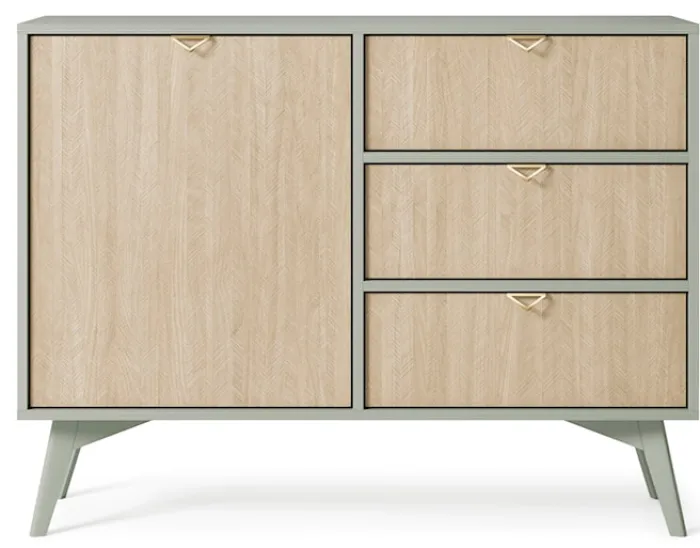 Komoda Favoria jednodrzwiowa z szufladami 106 cm eukaliptus/jodełka scandi ze złotymi uchwytami