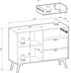 Komoda Favoria jednodrzwiowa z szufladami 106 cm eukaliptus/jodełka scandi ze złotymi uchwytami
