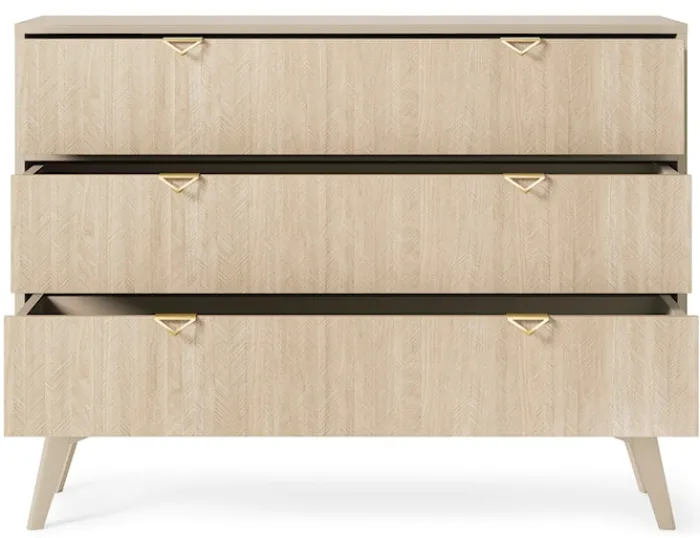 Komoda Favoria z szufladami 106 cm beżowa/jodełka scandi ze złotymi uchwytami