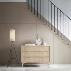 Komoda Favoria z szufladami 106 cm beżowa/jodełka scandi ze złotymi uchwytami