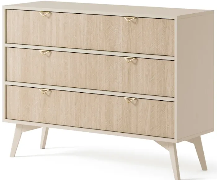 Komoda Favoria z szufladami 106 cm beżowa/jodełka scandi ze złotymi uchwytami