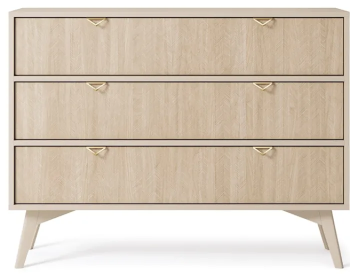 Komoda Favoria z szufladami 106 cm beżowa/jodełka scandi ze złotymi uchwytami