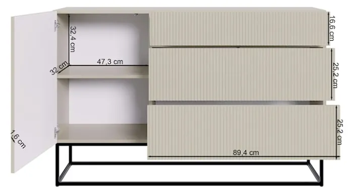 Komoda jednodrzwiowa Veldio z frezowanym frontem i trzema szufladami 140 cm Szary beż z czarnymi nogami