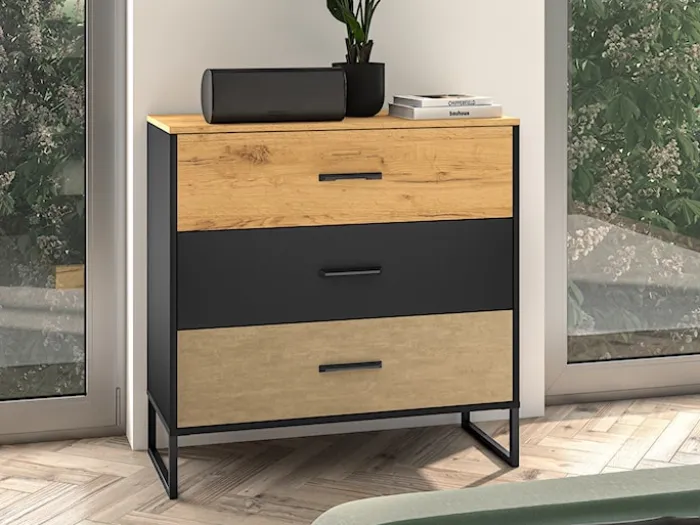 Komoda młodzieżowa Colt z trzema szufladami 92 cm dąb craft/czarny/stal