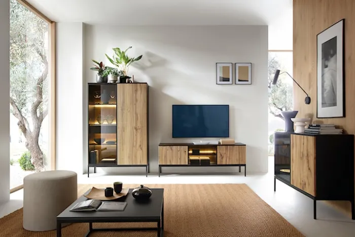 Komoda Tosena dwudrzwiowa z oświetleniem LED 104 cm Czarny/Dąb wotan