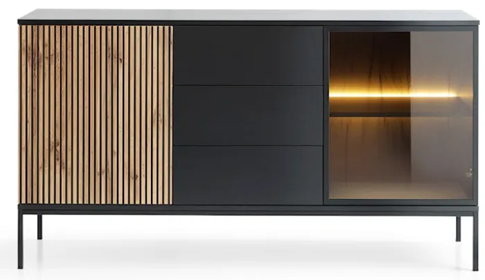 Komoda Tosena dwudrzwiowa z szufladami i oświetleniem LED 154 cm Czarny/Dąb wotan