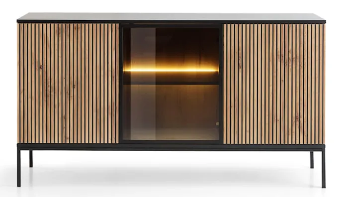 Komoda Tosena trzydrzwiowa z oświetleniem LED 154 cm Czarny/Dąb wotan