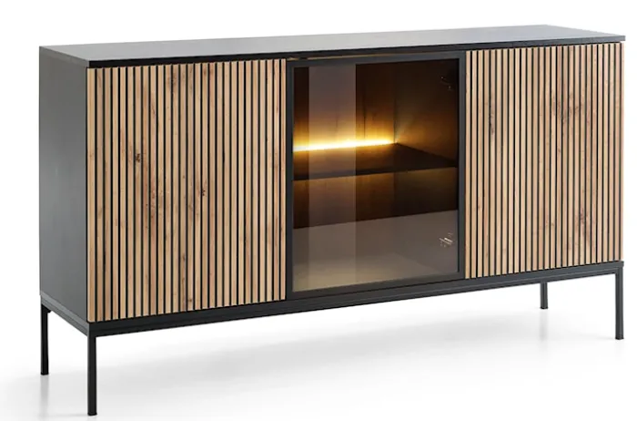 Komoda Tosena trzydrzwiowa z oświetleniem LED 154 cm Czarny/Dąb wotan